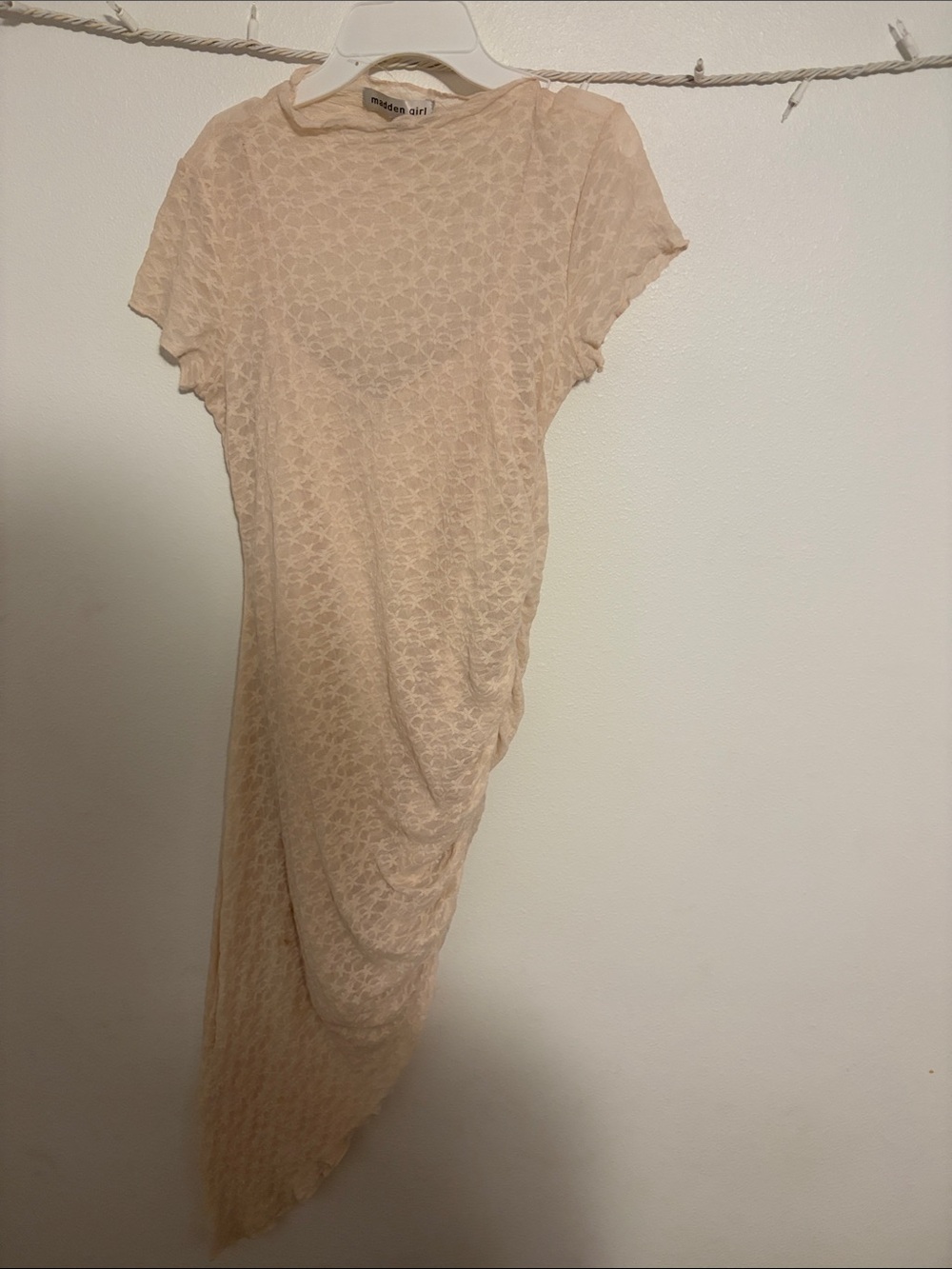Madden Girl Beige Asymmetrical Short Sleeve Draped Dress